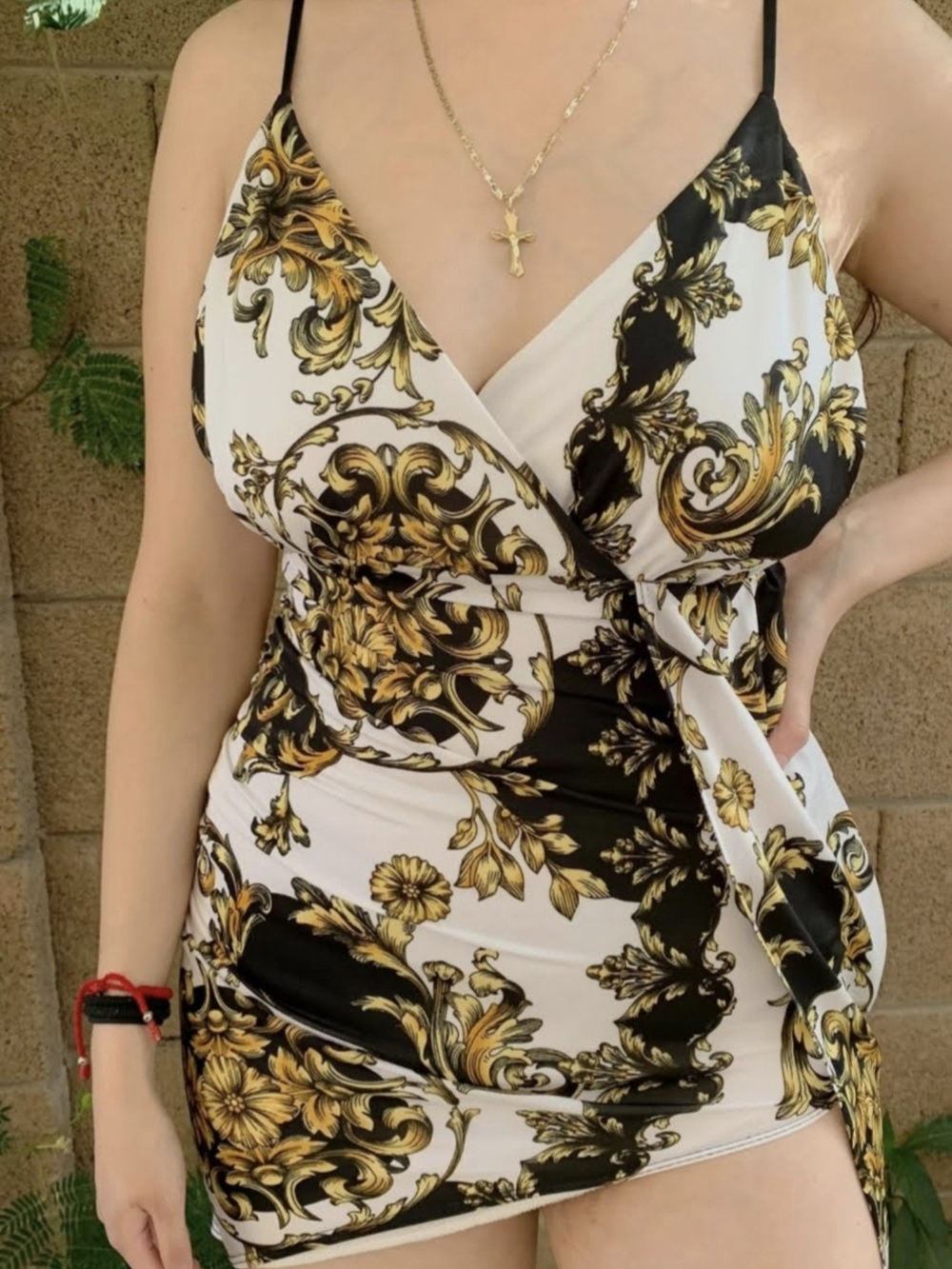 Baroque Print Asymmetrical Wrap Mini Dress - White/Gold/Black